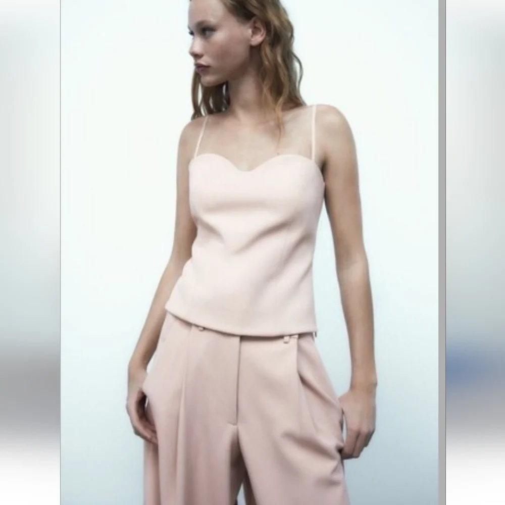 Zara 2 Pc Set Wide Leg Pants & Bustier Corset Top Beige Pink Size S
